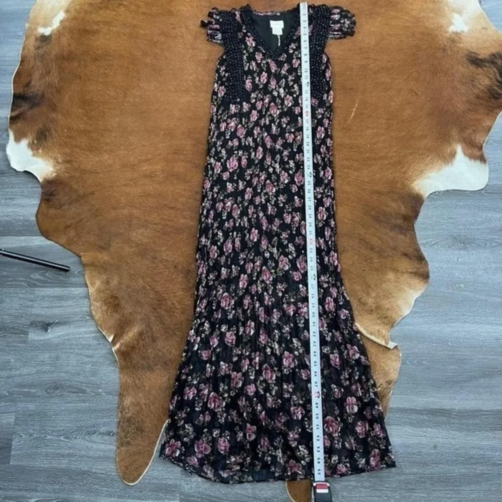 Foxiedox Black Floral Plissé Maxi Dress NWT, Ruffle Lace Trim V-Neck, Size XS - Picture 6 of 6